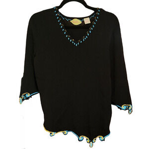 Prima Bella Embroidered Beaded V-neck Black Sweater, three-quarter sleeve sz M